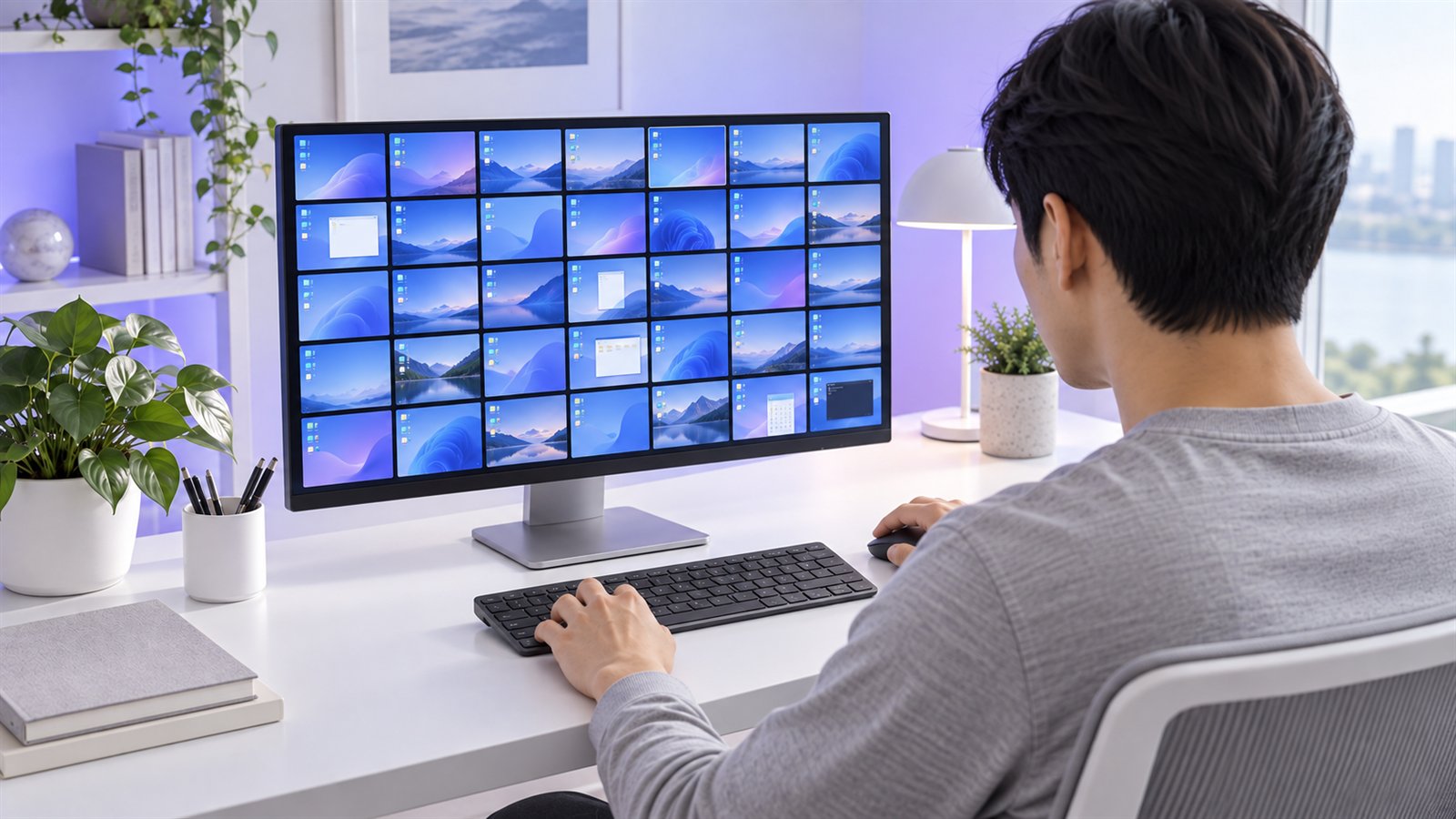 큰 모니터에 여러 PC 화면이 격자로 동시에 보이는 관제 모습(개념 이미지)